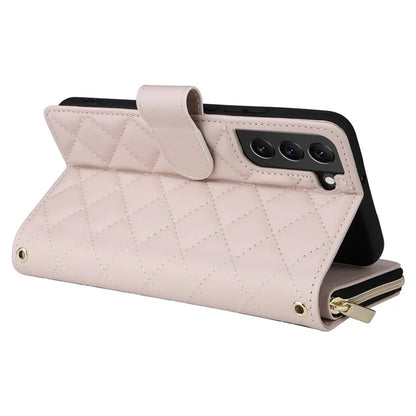 For Samsung Galaxy S22+ 5G Case Rhombus Zipper Pocket Leather Phone Cover with Straps