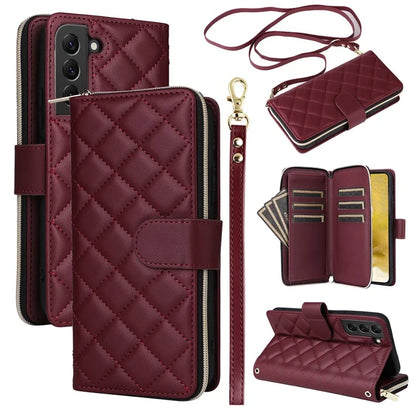 For Samsung Galaxy S22+ 5G Case Rhombus Zipper Pocket Leather Phone Cover with Straps