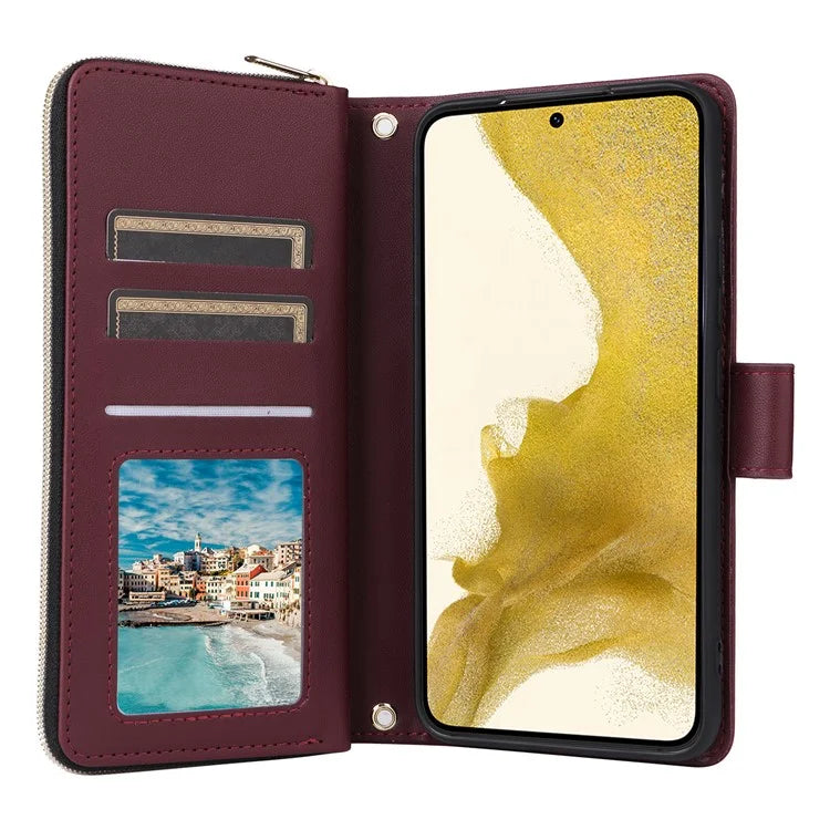 For Samsung Galaxy S22+ 5G Case Rhombus Zipper Pocket Leather Phone Cover with Straps