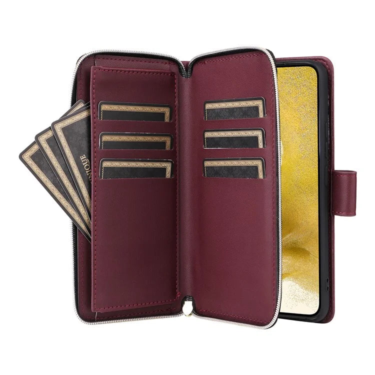 For Samsung Galaxy S22+ 5G Case Rhombus Zipper Pocket Leather Phone Cover with Straps