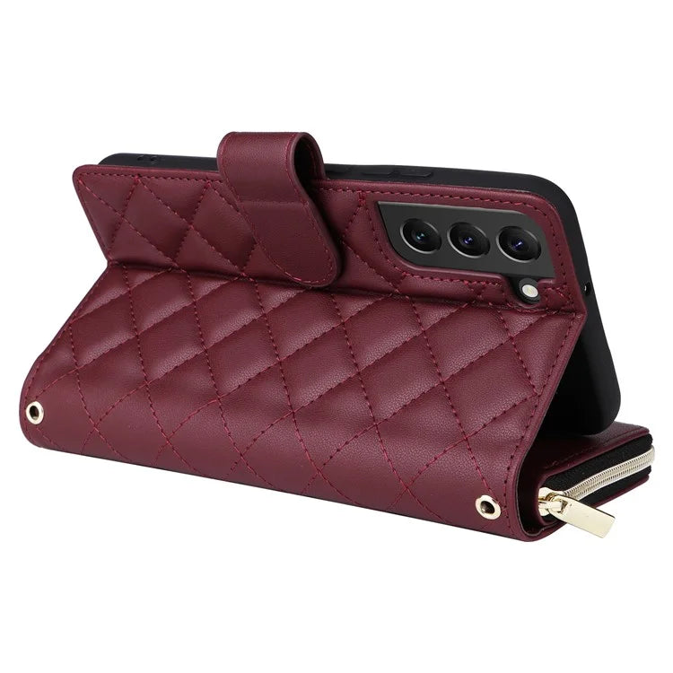 For Samsung Galaxy S22+ 5G Case Rhombus Zipper Pocket Leather Phone Cover with Straps