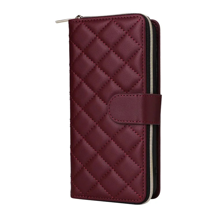 For Samsung Galaxy S22+ 5G Case Rhombus Zipper Pocket Leather Phone Cover with Straps