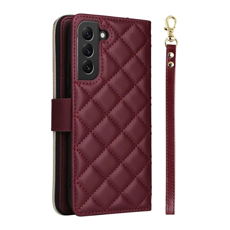 For Samsung Galaxy S22+ 5G Case Rhombus Zipper Pocket Leather Phone Cover with Straps