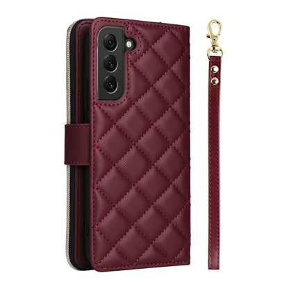 For Samsung Galaxy S22+ 5G Case Rhombus Zipper Pocket Leather Phone Cover with Straps
