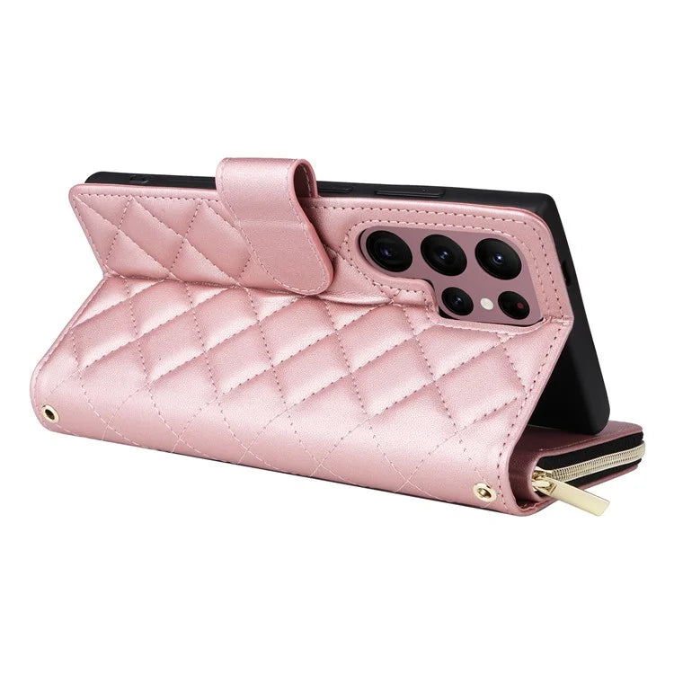 For Samsung Galaxy S22 Ultra 5G Case Rhombus Grid Leather Phone Cover with Zipper Pocket