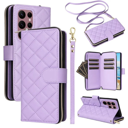 For Samsung Galaxy S22 Ultra 5G Case Rhombus Grid Leather Phone Cover with Zipper Pocket