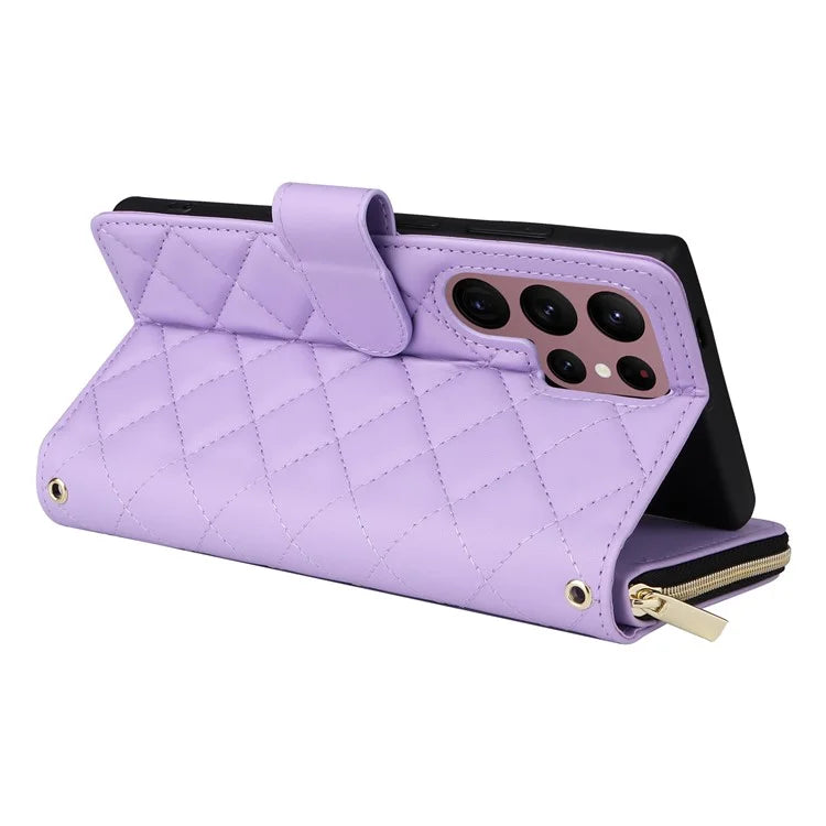 For Samsung Galaxy S22 Ultra 5G Case Rhombus Grid Leather Phone Cover with Zipper Pocket