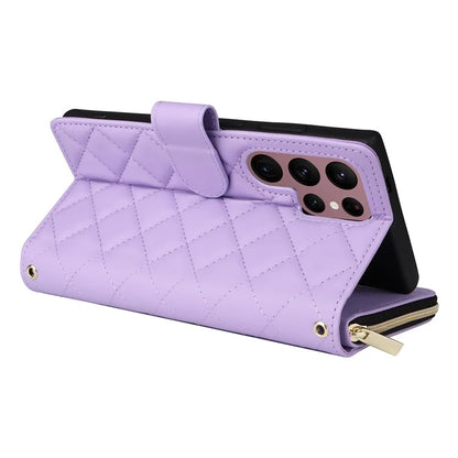 For Samsung Galaxy S22 Ultra 5G Case Rhombus Grid Leather Phone Cover with Zipper Pocket