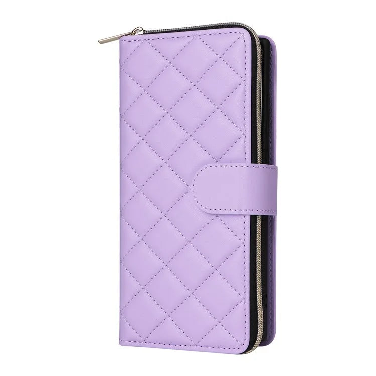 For Samsung Galaxy S22 Ultra 5G Case Rhombus Grid Leather Phone Cover with Zipper Pocket
