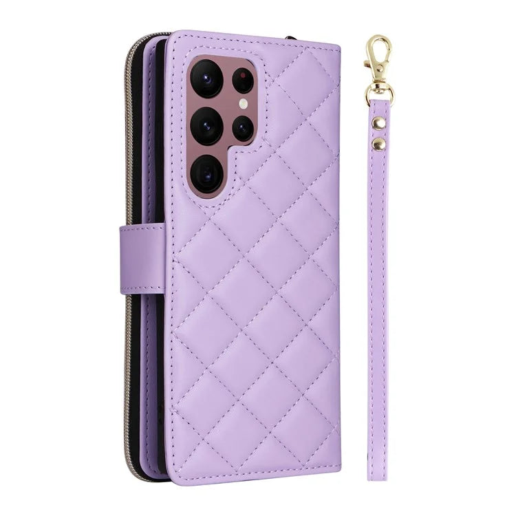 For Samsung Galaxy S22 Ultra 5G Case Rhombus Grid Leather Phone Cover with Zipper Pocket