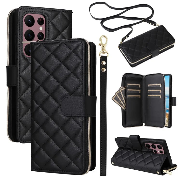 For Samsung Galaxy S22 Ultra 5G Case Rhombus Grid Leather Phone Cover with Zipper Pocket
