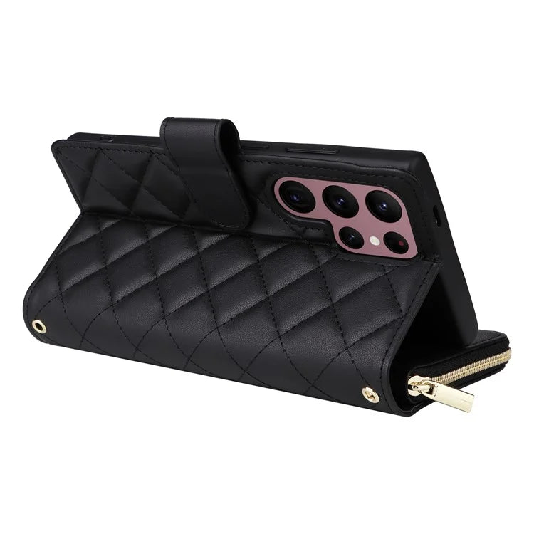 For Samsung Galaxy S22 Ultra 5G Case Rhombus Grid Leather Phone Cover with Zipper Pocket