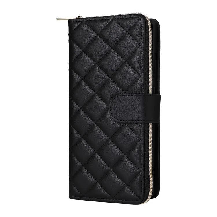 For Samsung Galaxy S22 Ultra 5G Case Rhombus Grid Leather Phone Cover with Zipper Pocket