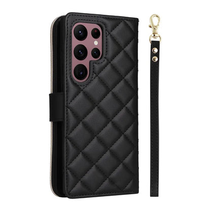 For Samsung Galaxy S22 Ultra 5G Case Rhombus Grid Leather Phone Cover with Zipper Pocket