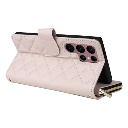 For Samsung Galaxy S22 Ultra 5G Case Rhombus Grid Leather Phone Cover with Zipper Pocket