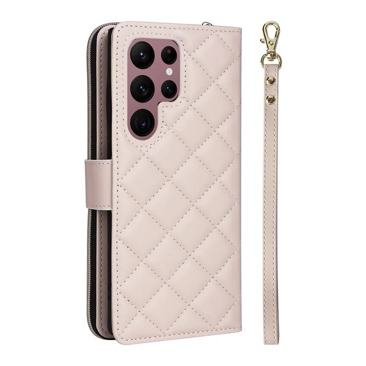 For Samsung Galaxy S22 Ultra 5G Case Rhombus Grid Leather Phone Cover with Zipper Pocket