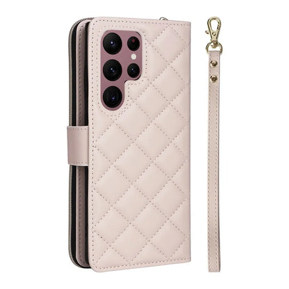For Samsung Galaxy S22 Ultra 5G Case Rhombus Grid Leather Phone Cover with Zipper Pocket