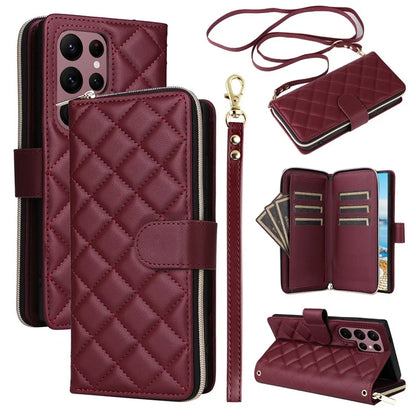 For Samsung Galaxy S22 Ultra 5G Case Rhombus Grid Leather Phone Cover with Zipper Pocket