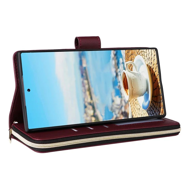 For Samsung Galaxy S22 Ultra 5G Case Rhombus Grid Leather Phone Cover with Zipper Pocket