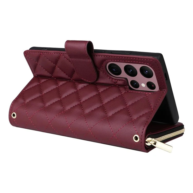 For Samsung Galaxy S22 Ultra 5G Case Rhombus Grid Leather Phone Cover with Zipper Pocket