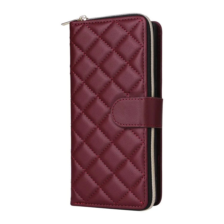 For Samsung Galaxy S22 Ultra 5G Case Rhombus Grid Leather Phone Cover with Zipper Pocket