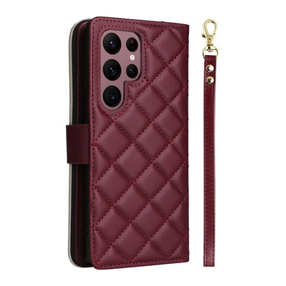 For Samsung Galaxy S22 Ultra 5G Case Rhombus Grid Leather Phone Cover with Zipper Pocket