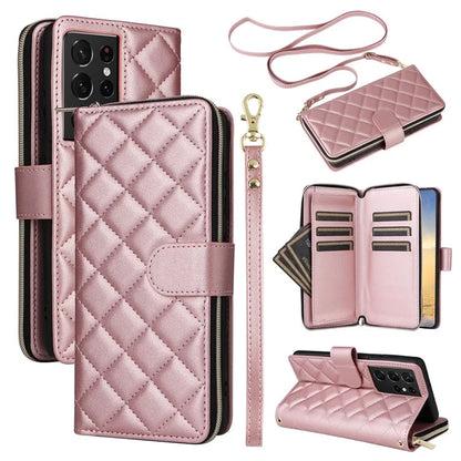 For Samsung Galaxy S21 Ultra 5G Case with Shoulder Strap Rhombus Zipper Leather Phone Cover