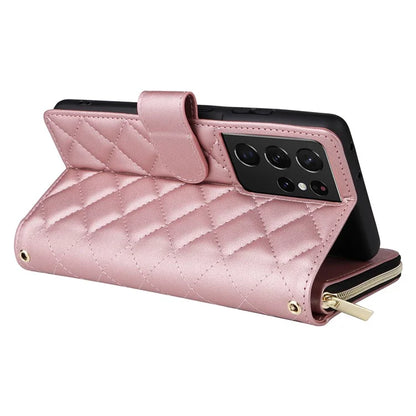For Samsung Galaxy S21 Ultra 5G Case with Shoulder Strap Rhombus Zipper Leather Phone Cover