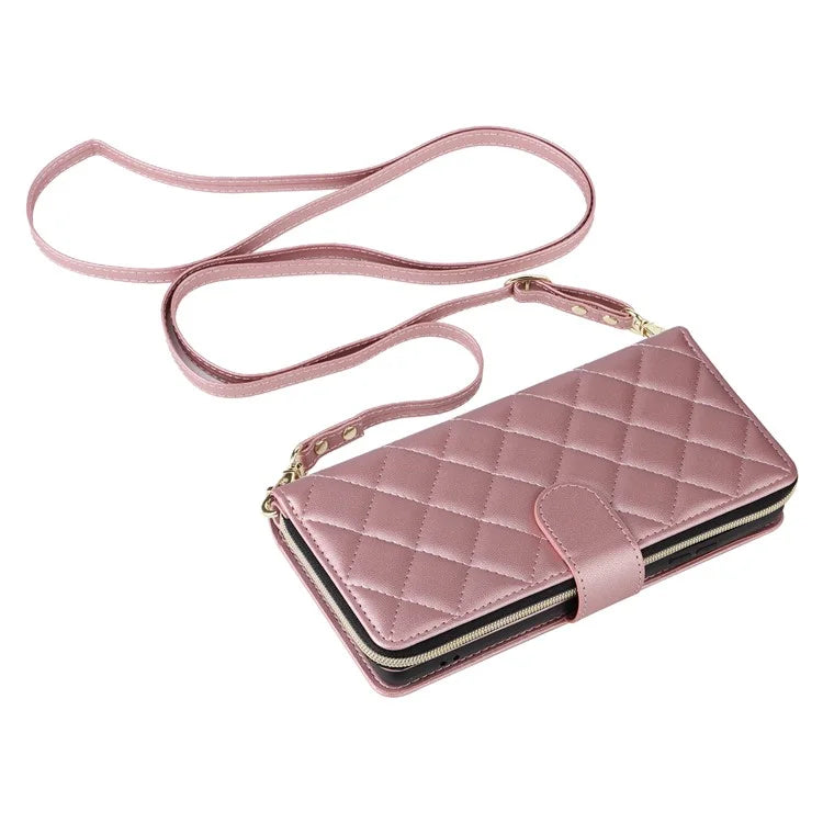For Samsung Galaxy S21 Ultra 5G Case with Shoulder Strap Rhombus Zipper Leather Phone Cover