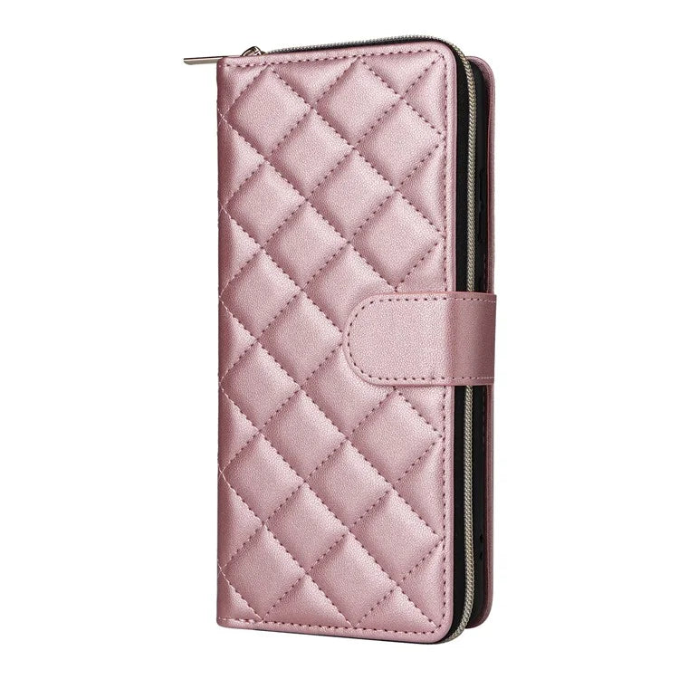 For Samsung Galaxy S21 Ultra 5G Case with Shoulder Strap Rhombus Zipper Leather Phone Cover