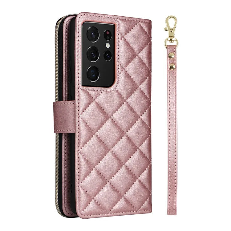 For Samsung Galaxy S21 Ultra 5G Case with Shoulder Strap Rhombus Zipper Leather Phone Cover
