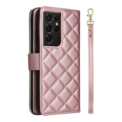For Samsung Galaxy S21 Ultra 5G Case with Shoulder Strap Rhombus Zipper Leather Phone Cover