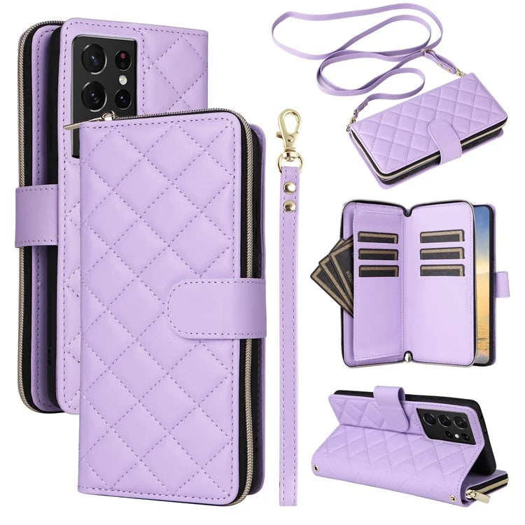 For Samsung Galaxy S21 Ultra 5G Case with Shoulder Strap Rhombus Zipper Leather Phone Cover