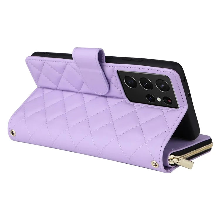 For Samsung Galaxy S21 Ultra 5G Case with Shoulder Strap Rhombus Zipper Leather Phone Cover