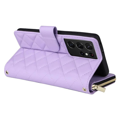 For Samsung Galaxy S21 Ultra 5G Case with Shoulder Strap Rhombus Zipper Leather Phone Cover