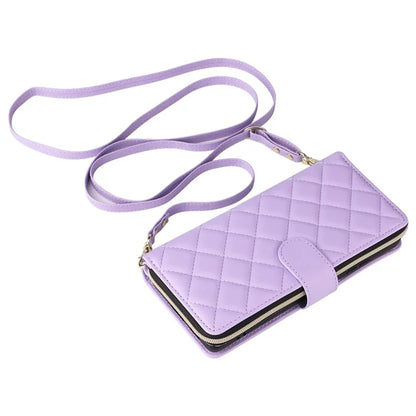 For Samsung Galaxy S21 Ultra 5G Case with Shoulder Strap Rhombus Zipper Leather Phone Cover