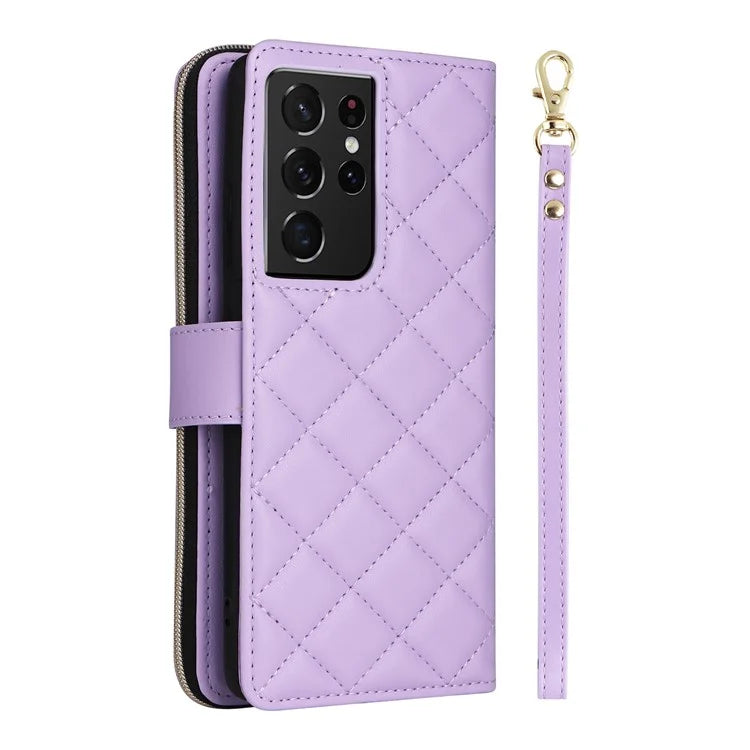 For Samsung Galaxy S21 Ultra 5G Case with Shoulder Strap Rhombus Zipper Leather Phone Cover