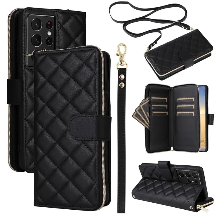 For Samsung Galaxy S21 Ultra 5G Case with Shoulder Strap Rhombus Zipper Leather Phone Cover