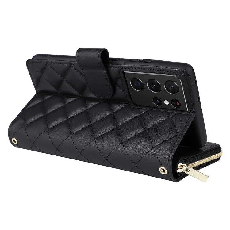 For Samsung Galaxy S21 Ultra 5G Case with Shoulder Strap Rhombus Zipper Leather Phone Cover