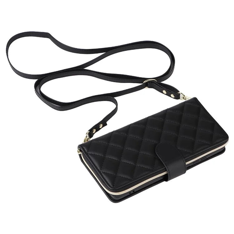 For Samsung Galaxy S21 Ultra 5G Case with Shoulder Strap Rhombus Zipper Leather Phone Cover