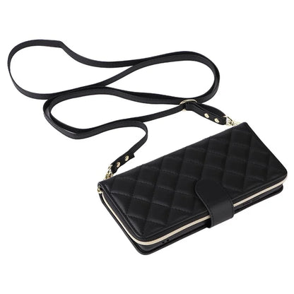 For Samsung Galaxy S21 Ultra 5G Case with Shoulder Strap Rhombus Zipper Leather Phone Cover