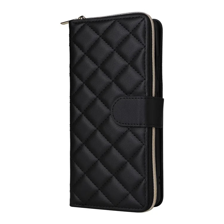 For Samsung Galaxy S21 Ultra 5G Case with Shoulder Strap Rhombus Zipper Leather Phone Cover