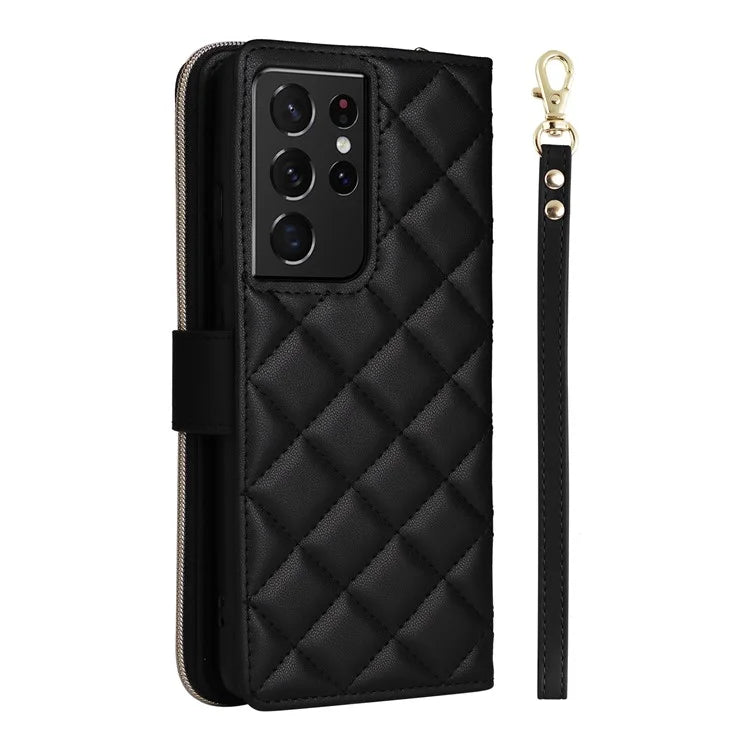 For Samsung Galaxy S21 Ultra 5G Case with Shoulder Strap Rhombus Zipper Leather Phone Cover