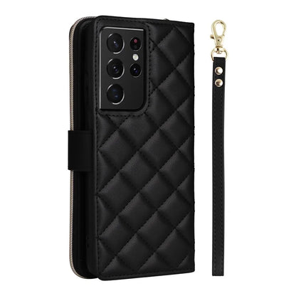 For Samsung Galaxy S21 Ultra 5G Case with Shoulder Strap Rhombus Zipper Leather Phone Cover