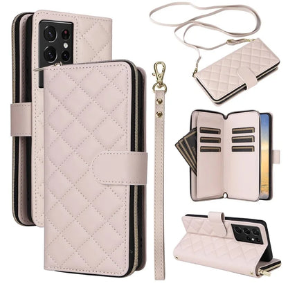 For Samsung Galaxy S21 Ultra 5G Case with Shoulder Strap Rhombus Zipper Leather Phone Cover