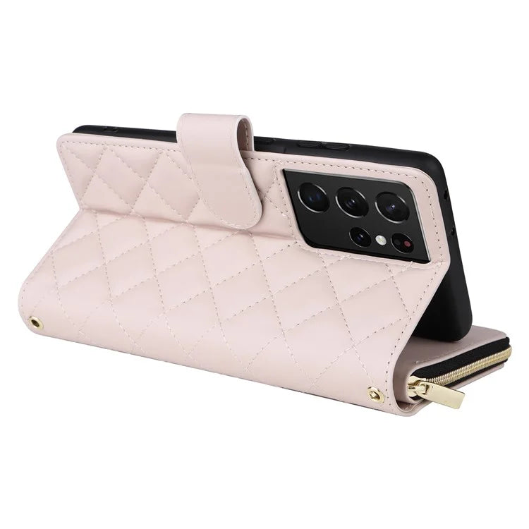 For Samsung Galaxy S21 Ultra 5G Case with Shoulder Strap Rhombus Zipper Leather Phone Cover