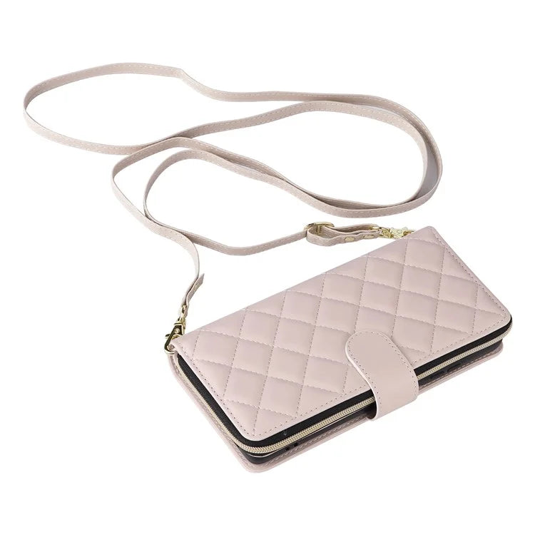 For Samsung Galaxy S21 Ultra 5G Case with Shoulder Strap Rhombus Zipper Leather Phone Cover