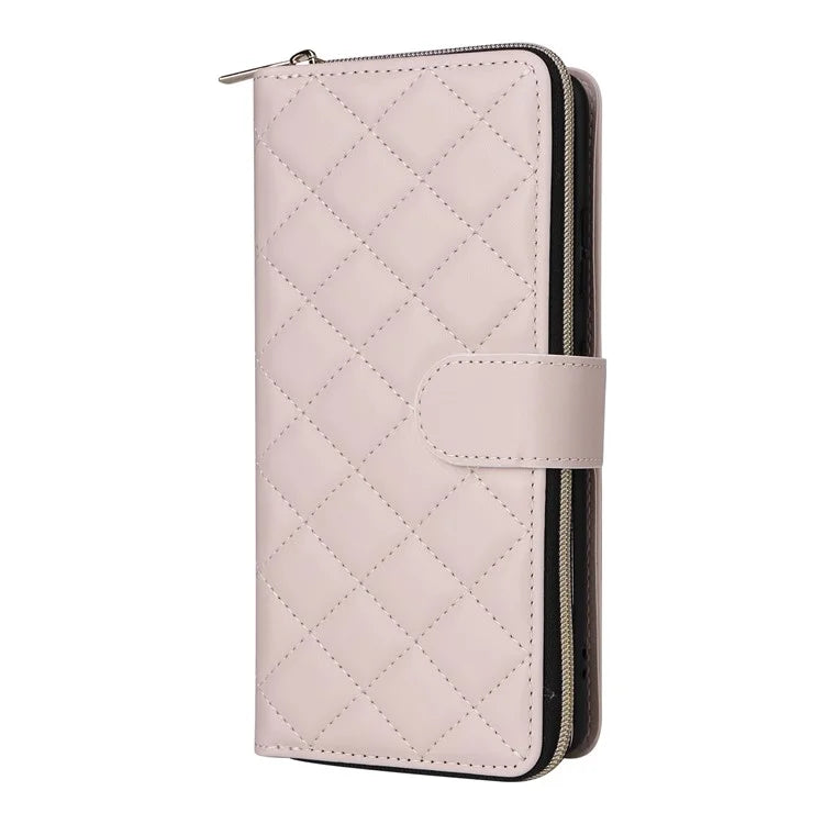 For Samsung Galaxy S21 Ultra 5G Case with Shoulder Strap Rhombus Zipper Leather Phone Cover