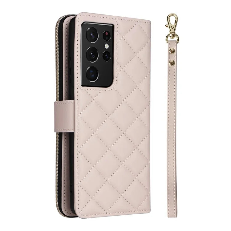 For Samsung Galaxy S21 Ultra 5G Case with Shoulder Strap Rhombus Zipper Leather Phone Cover