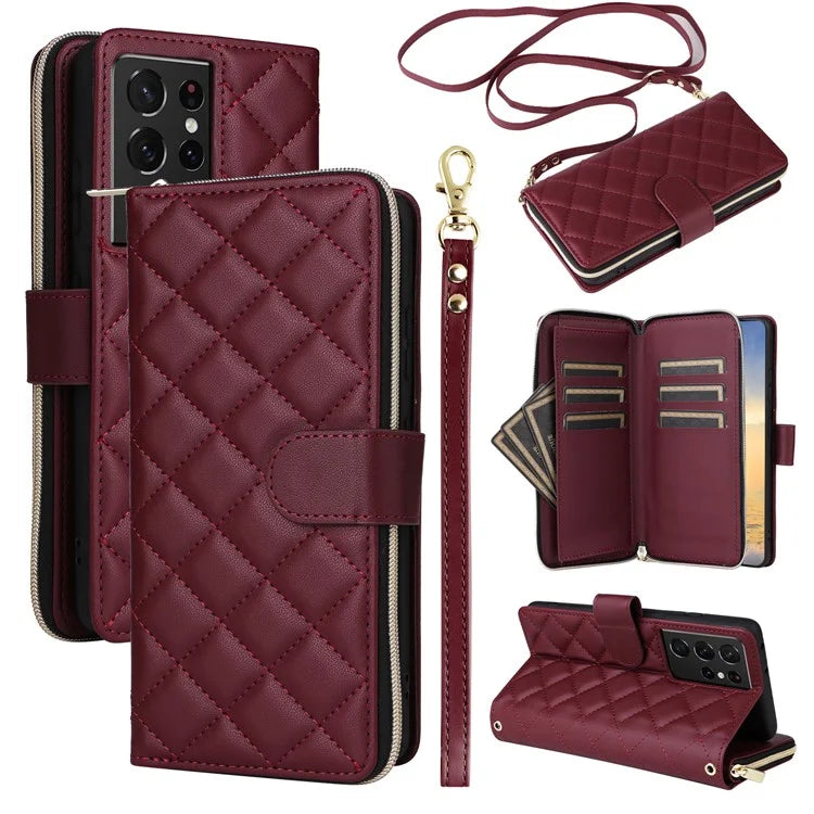For Samsung Galaxy S21 Ultra 5G Case with Shoulder Strap Rhombus Zipper Leather Phone Cover